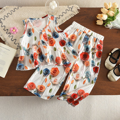 Flowers Prints Ruffle Vest+Wide Leg Pants Girls' Vacation Set