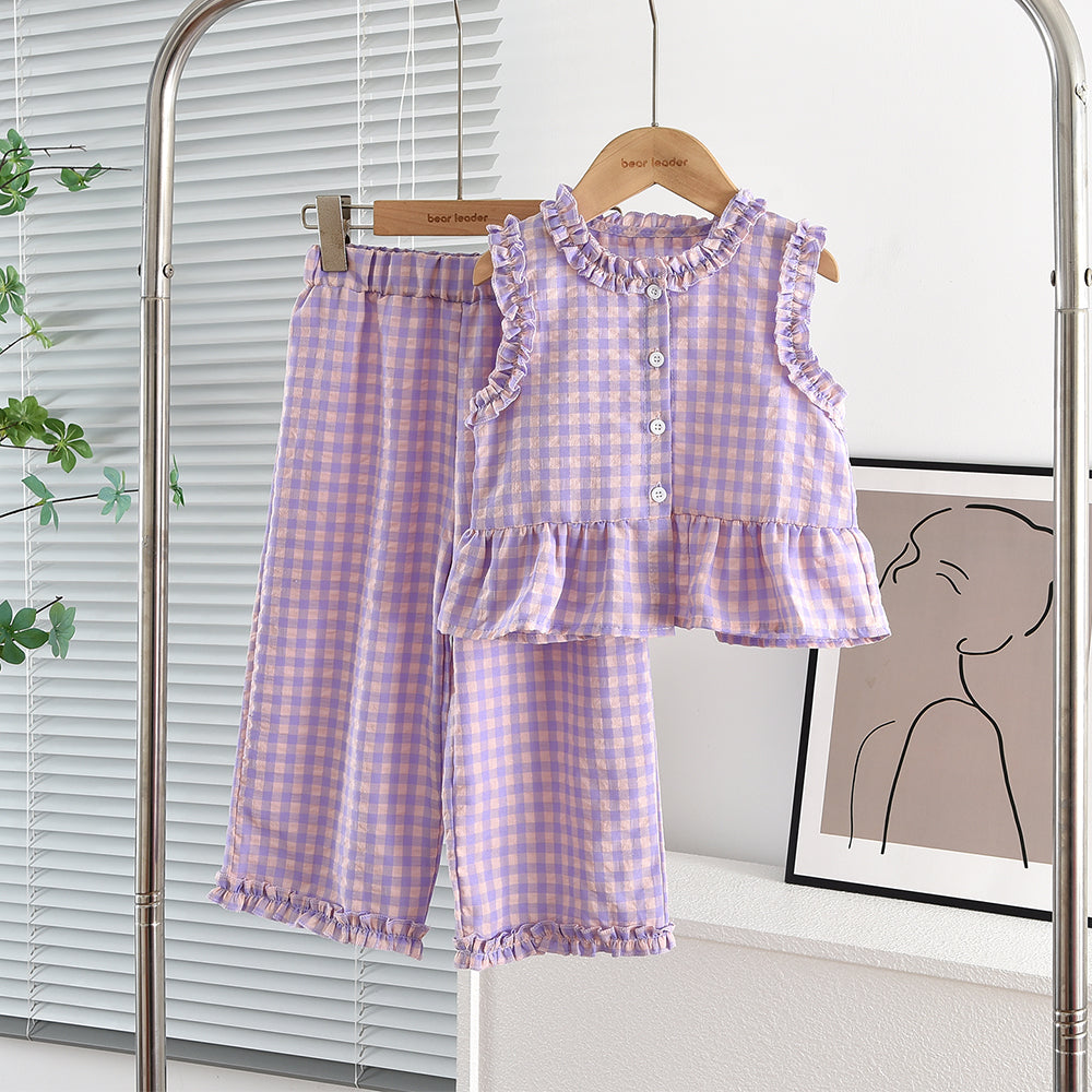 Fresh Plaid Ruffle Shirt+Casual Pants Girls' Cute Set