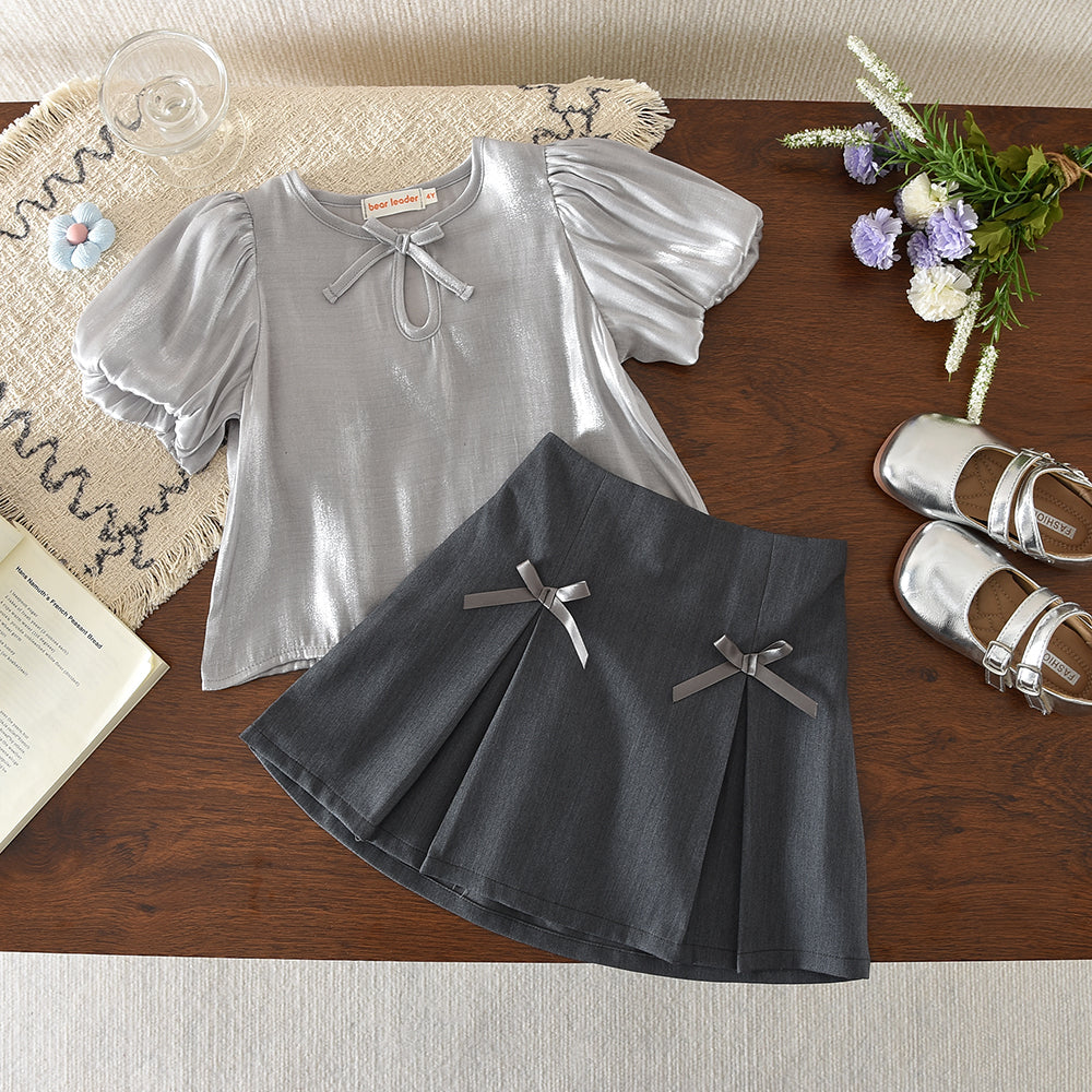 Puff Sleeve Silky T-shirt+Bow Skirt Kid Girls' Cute Set