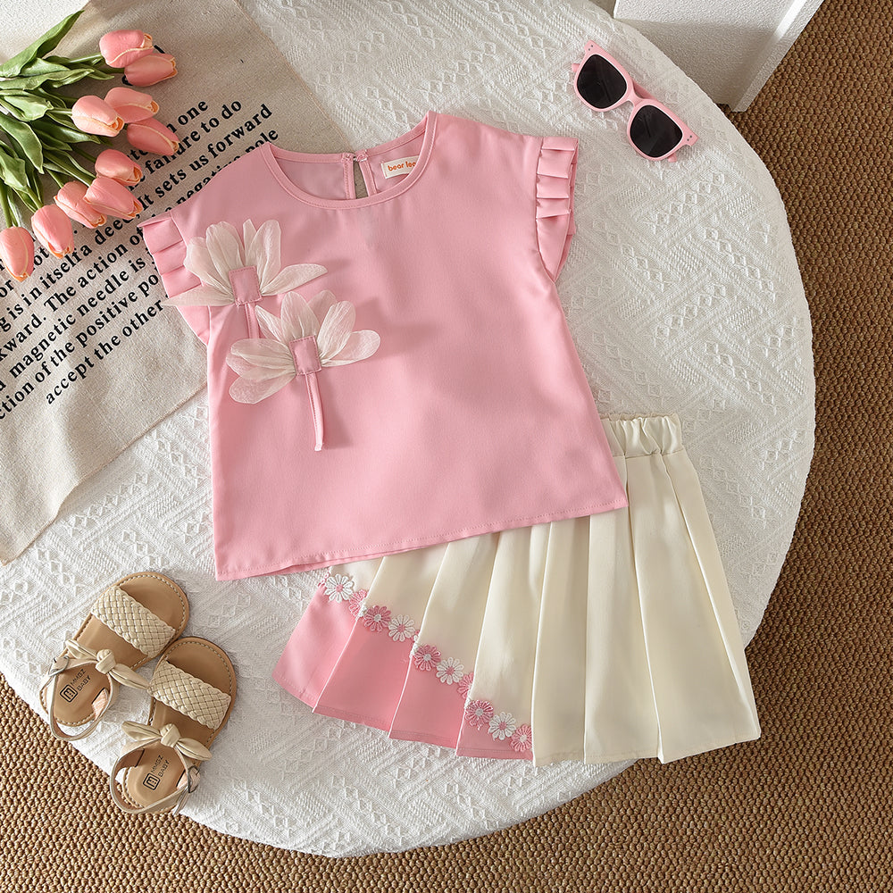Mesh Flower T-shirt+Pleated Skirt 2pcs Kid Girls' Elegant Set