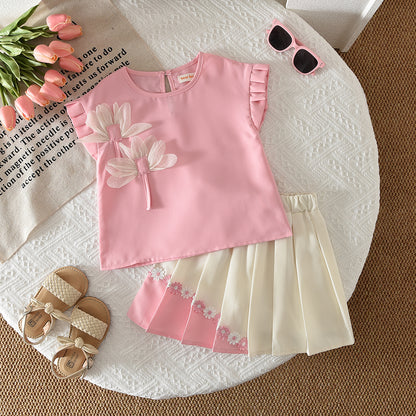 Mesh Flower T-shirt+Pleated Skirt 2pcs Kid Girls' Elegant Set
