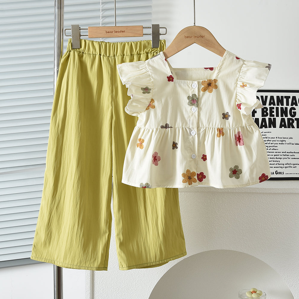 Floral Prints Ruffle Shirt+Pants Kid Girls' Summer Casual Set