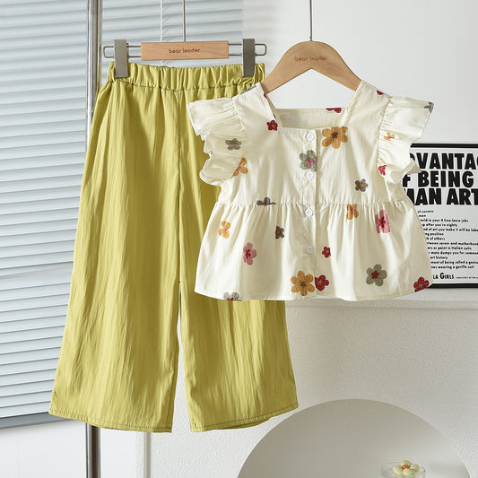 Floral Prints Ruffle Shirt+Pants Kid Girls' Summer Casual Set