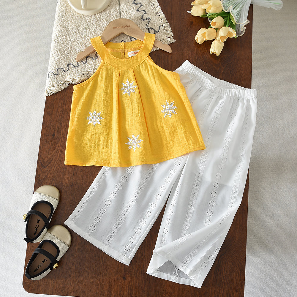 Sleeveless Embroidery Sun-top Hollow Pants Kid Girls' Summer Vacation Set