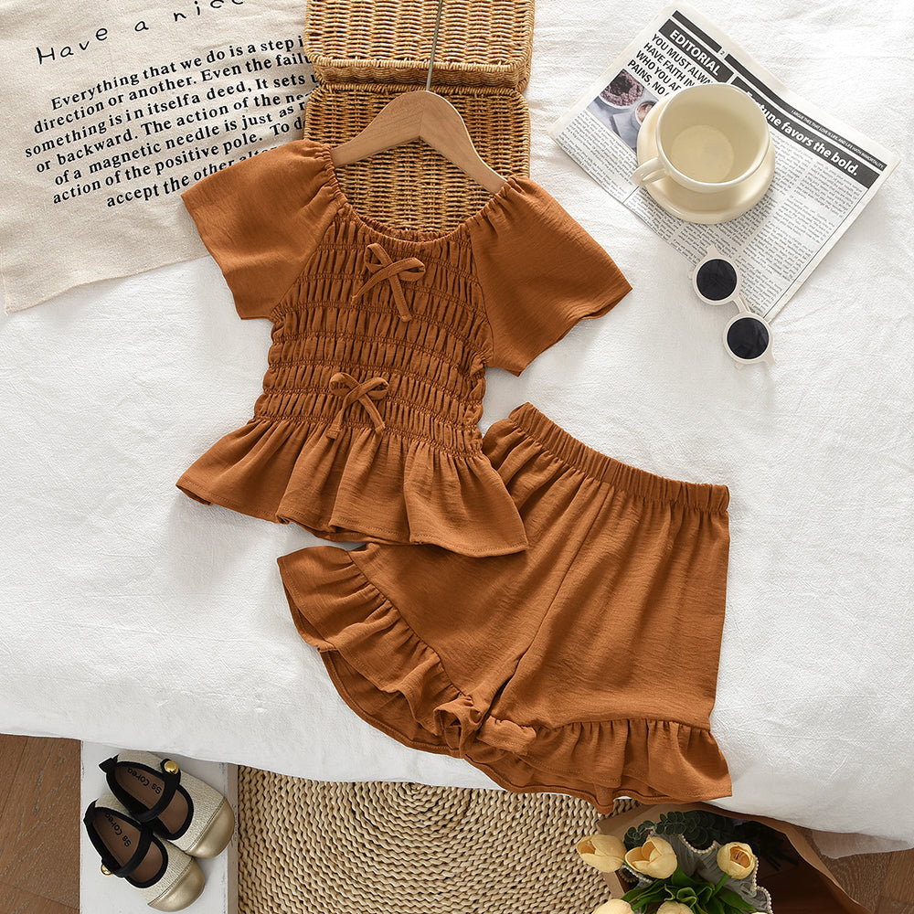 Bow Wrinkle Short Sleeve Shirt+Ruffle Shorts Girls' Cute Set