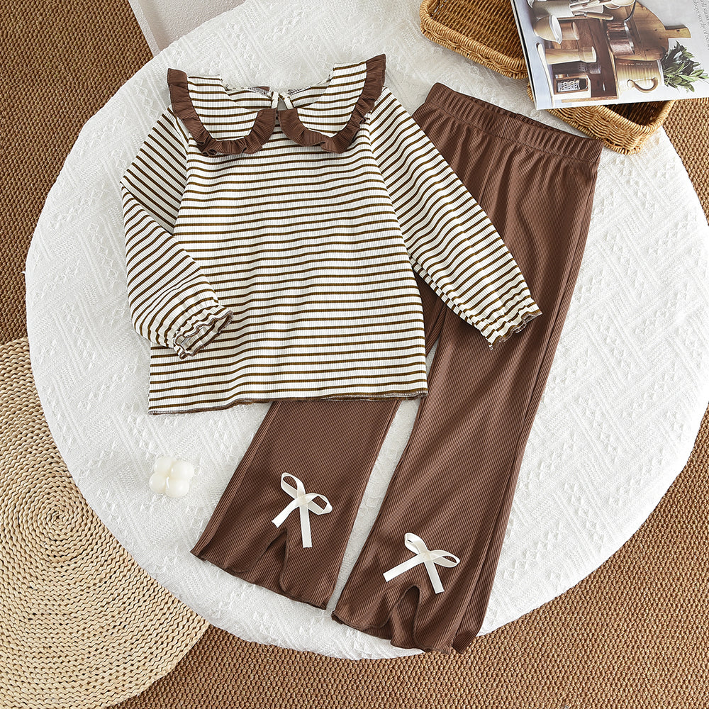 Girls' Lapel Stripes Long Sleeve Top+Flared Trousers Cute Set