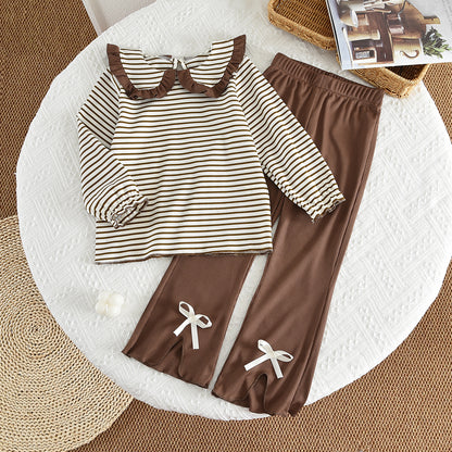 Girls' Lapel Stripes Long Sleeve Top+Flared Trousers Cute Set