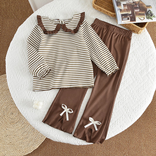 Girls' Lapel Stripes Long Sleeve Top+Flared Trousers Cute Set