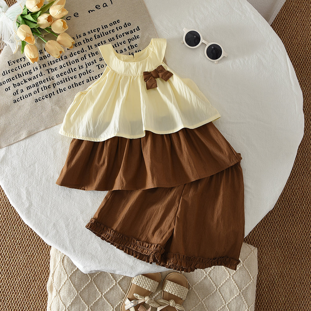 Cute Bow Sun-top Ruffle Shorts Girls' Set
