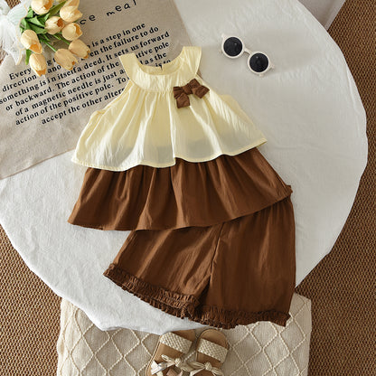 Cute Bow Sun-top Ruffle Shorts Girls' Set