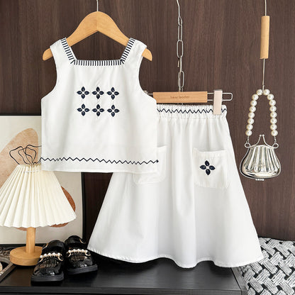 Girls' Floral Embroidery Vintage Dress Set