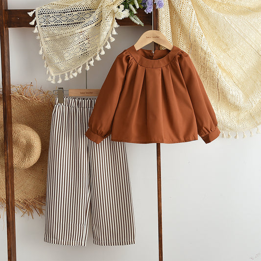 Girls' Blouse+Stripes Trousers 2pcs Set