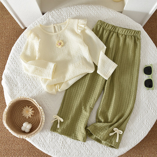 Girls' Flower Long Sleeve Shirt Trousers Cute Set