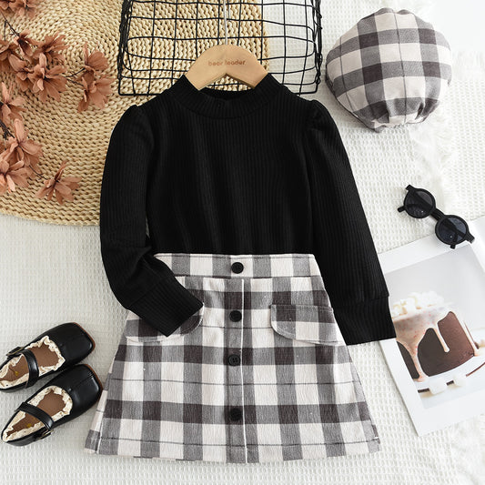Girls' Long sleeve T-shirt+Skirt+Beret 3PCS Set