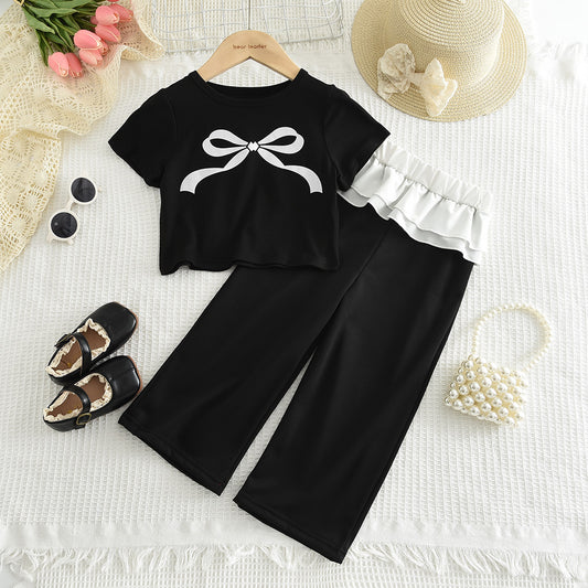 Girls' Bow-knot T-shirt+Trouser Set