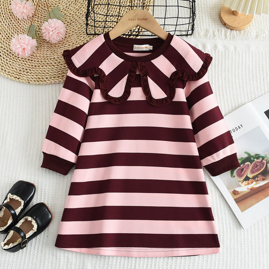 Girls' Stripes Large Lapel Casual Dress