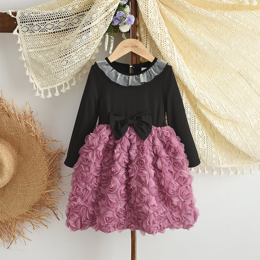 Girls' Lace Collar 3d Flowers Bow Dress Fashion Outfit