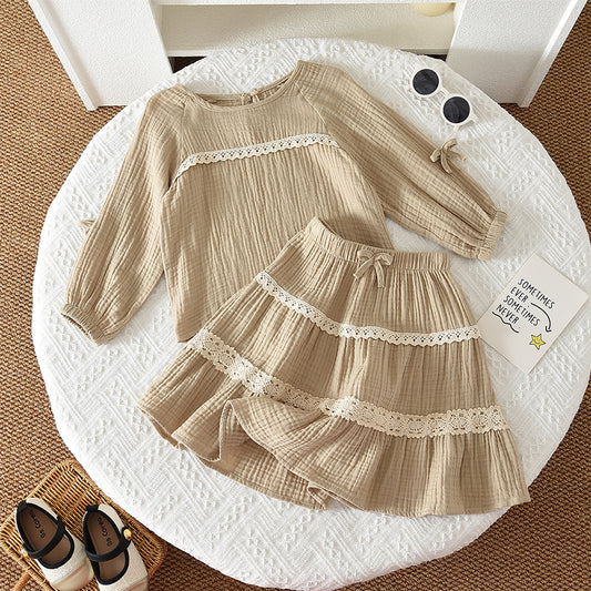 Girls' Pure Cotton Long Sleeve Blouse Lace 2pcs Set