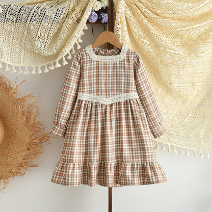 Girls' Lace Patchwork Plaid Vintage Dress