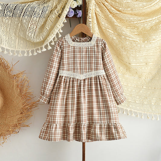 Girls' Lace Patchwork Plaid Vintage Dress