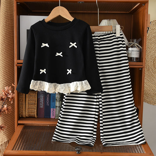 Girls' Long Sleeve Lace T-shirt Stripes Trousers Set