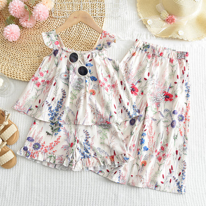 Girls' Floral Printing Shorts Trousers 3pcs Pajamas Set