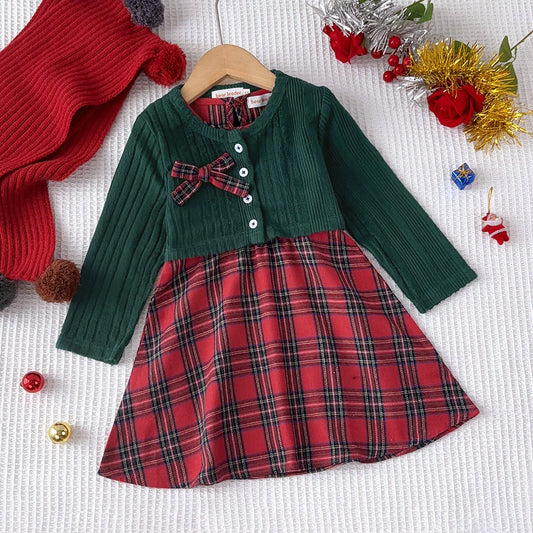 Girls' Color Blocking Plaid Dress+Bow Cardigan 2pcs Christmas Outfit