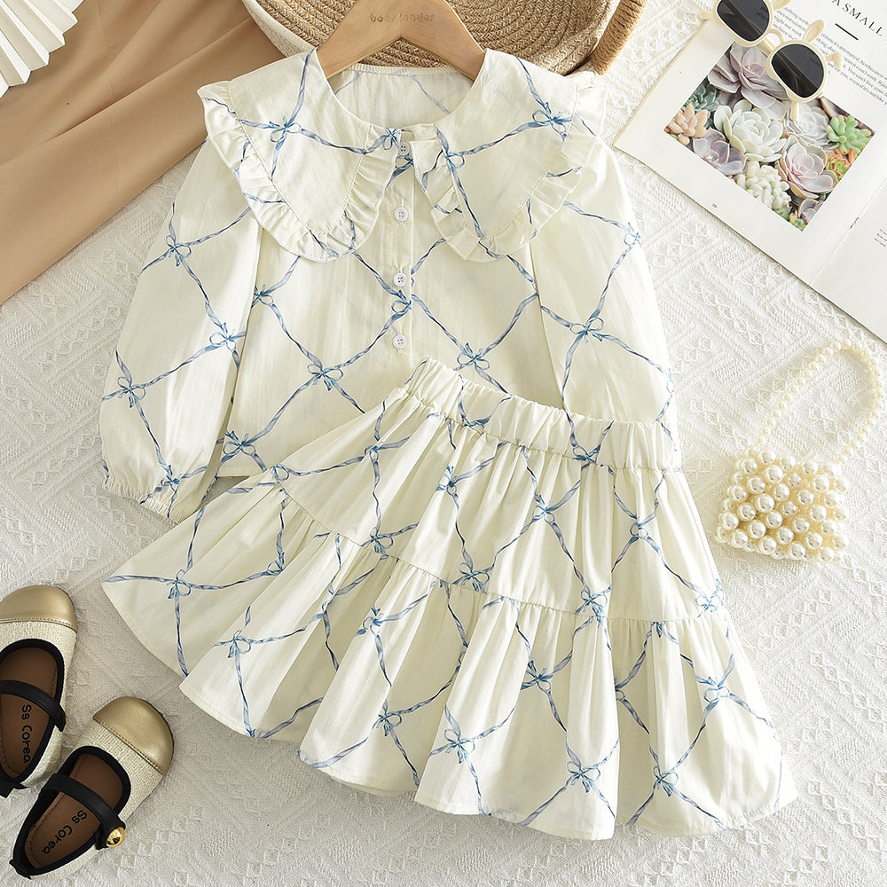 Girls' Bow-knot Printing Shirt+Patchwork Skirt Set
