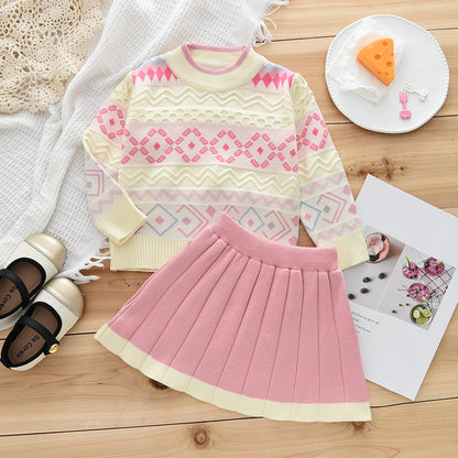 Girls' Colorful Geometry Pattern Knitted Top+Skirt Sweater Set