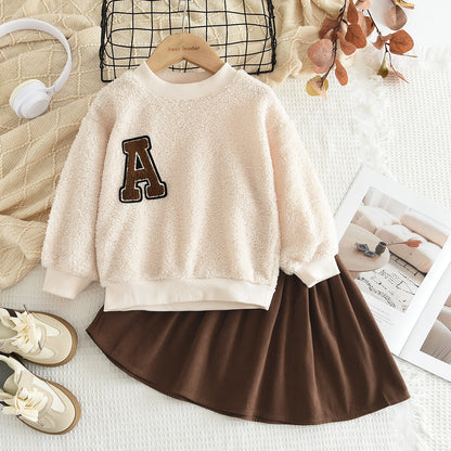 Girls' Letter Plush Top+Skirt Casual Set