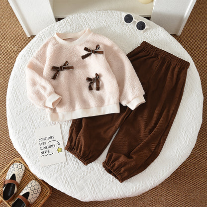 Girls' Fluffy Bow Top+Casual Trousers Cute Set