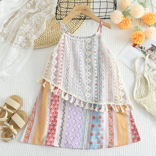 Girls' Ethnic Style Knitting Tassels Printing Dress