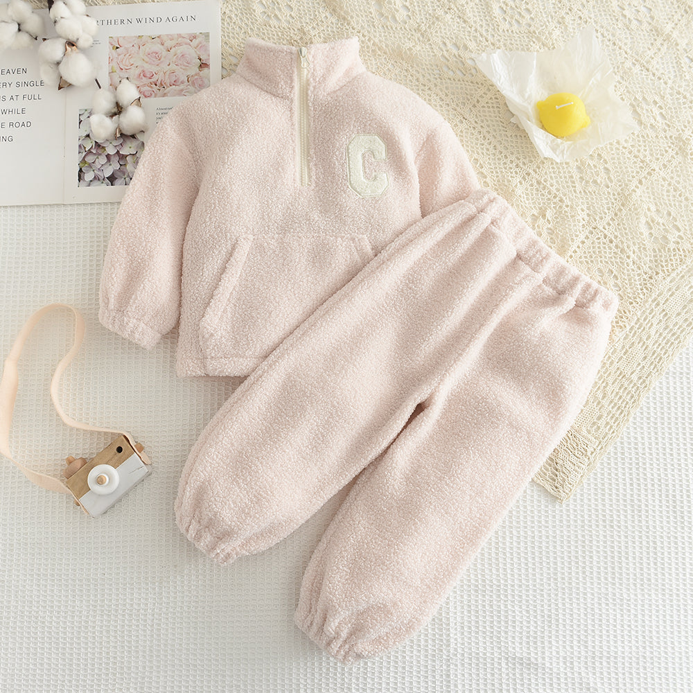 Girls' Letter Patch Zip Top+Trousers Fluffy Casual Set