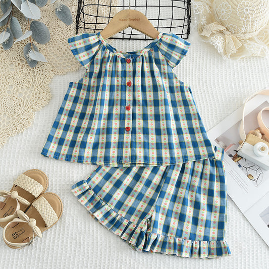 Girls' Contrast Colors Plaid Shorts Set