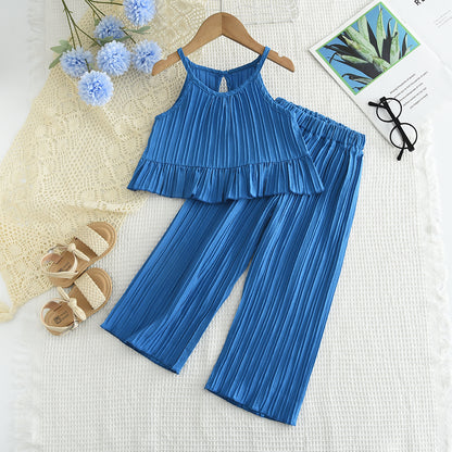 Girls' Vertical Stripes Sun-top+Trousers Set