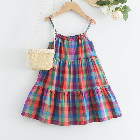 Girls' Plaid Pattern Contrast Colors Sun Dress