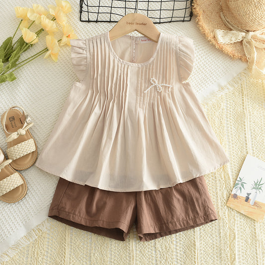Girls' Pearl Shirt+Shorts Cotton Set