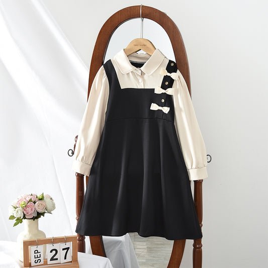Girls' Bow-knot Patchwork Preppy Style Casual Dress