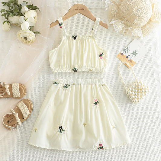 Girls' Embroidery Sun-top+Skirt Vacation Set