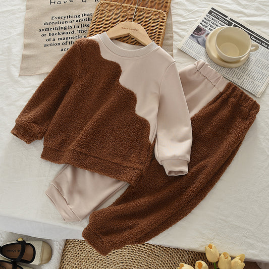 Teddy Velvet Irregular Contrast Colors Sweatshirt Set Fashion Kid Clothes