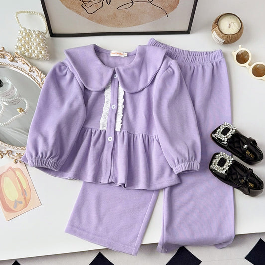 Girls' Ruffle Cute Top+Trousers Set