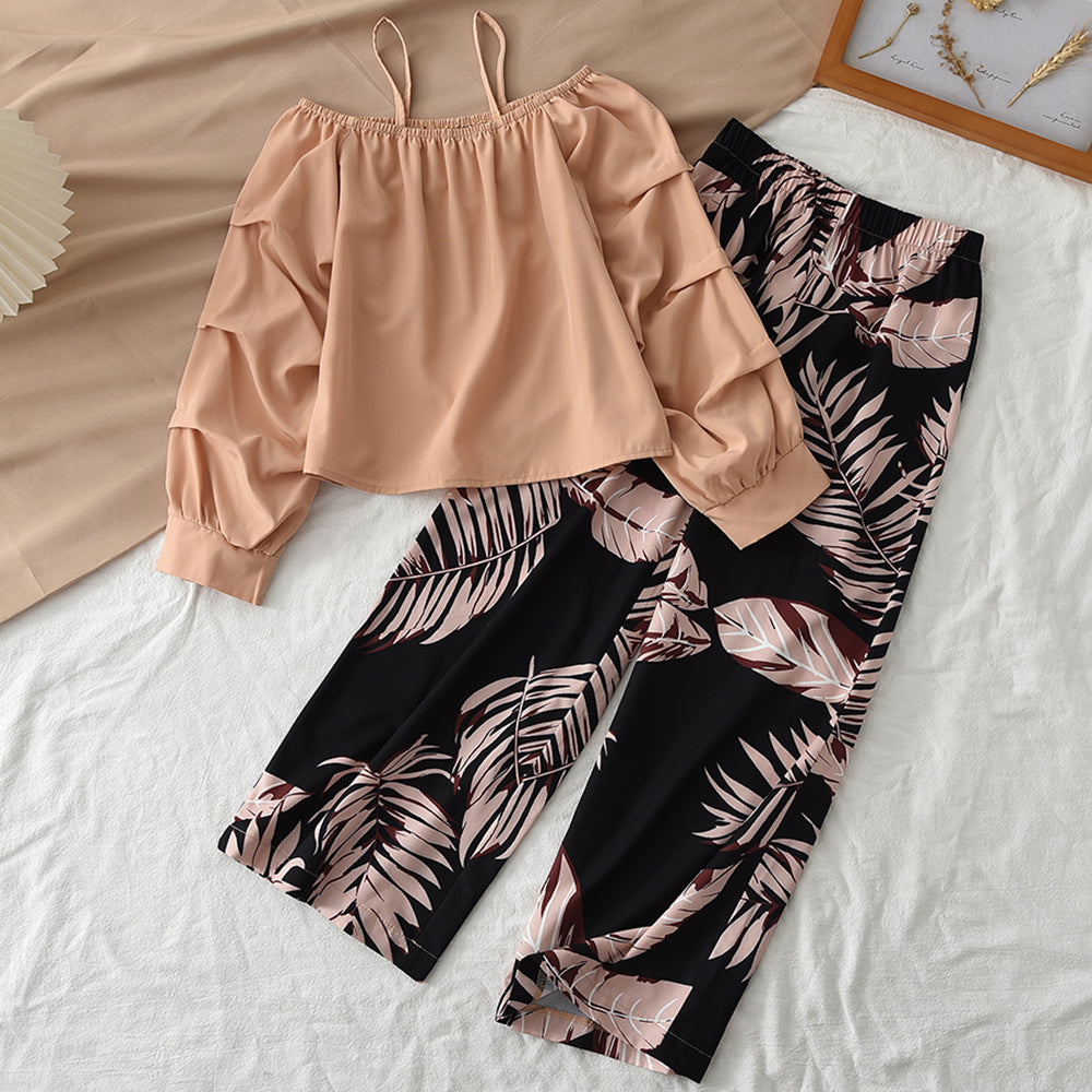 Girls' Wrinkle Sun Top+Printing Trousers Teen Set