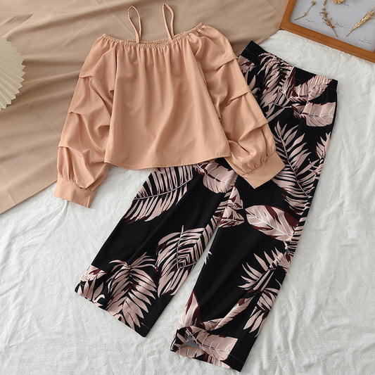 Girls' Wrinkle Sun Top+Printing Trousers Teen Set