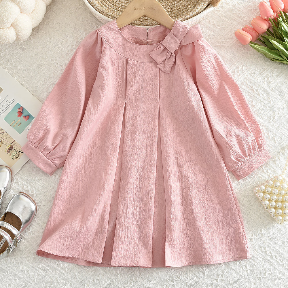 Girls' Bow-knot Long Sleeve Casual Dress