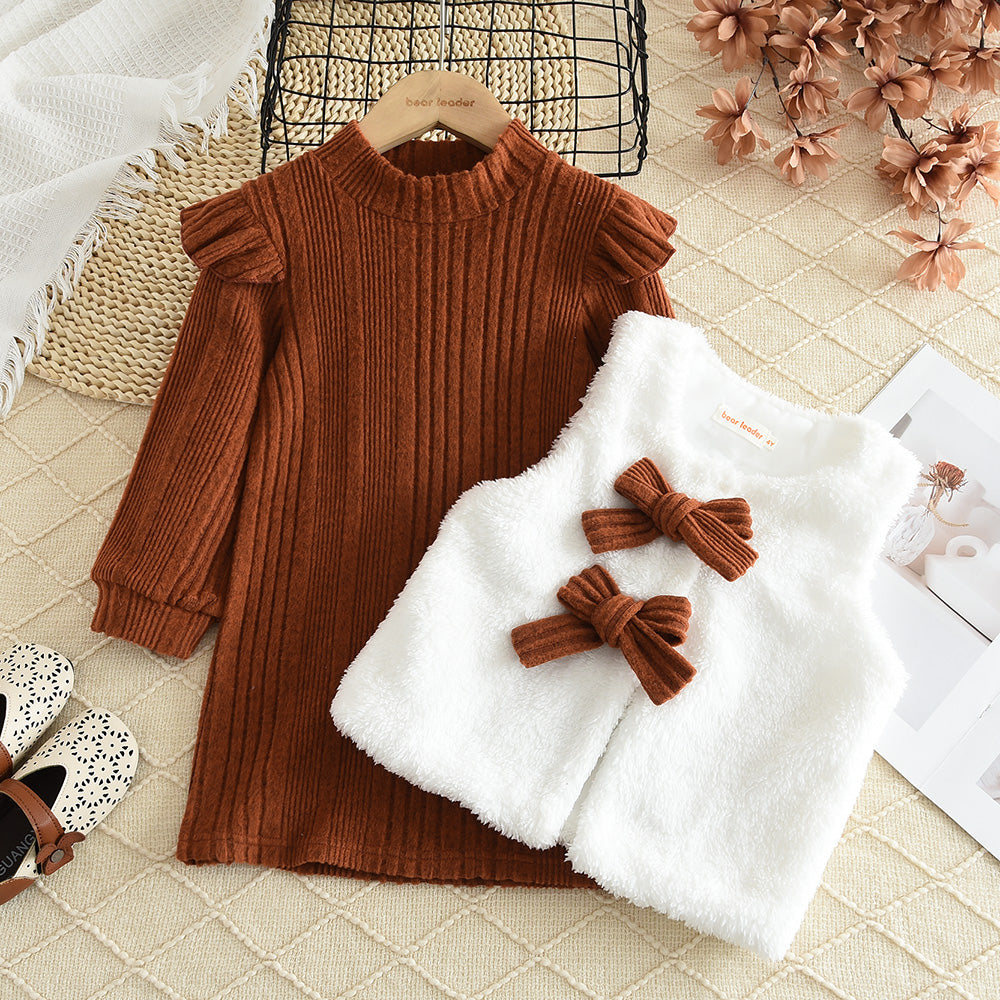 Girls' Knitted Dress+Fluffy Waistcoat Baby Set