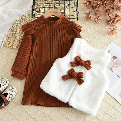 Girls' Knitted Dress+Fluffy Waistcoat Baby Set