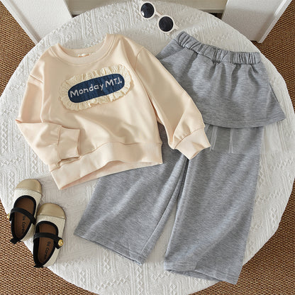 Girls' Letters Lace Casual Sweatshirt Set