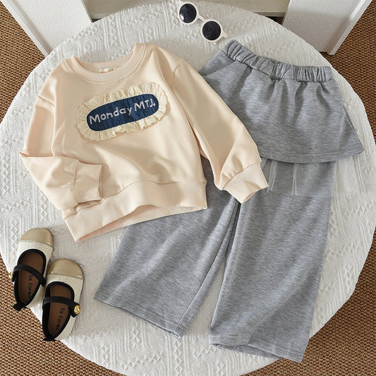 Girls' Letters Lace Casual Sweatshirt Set