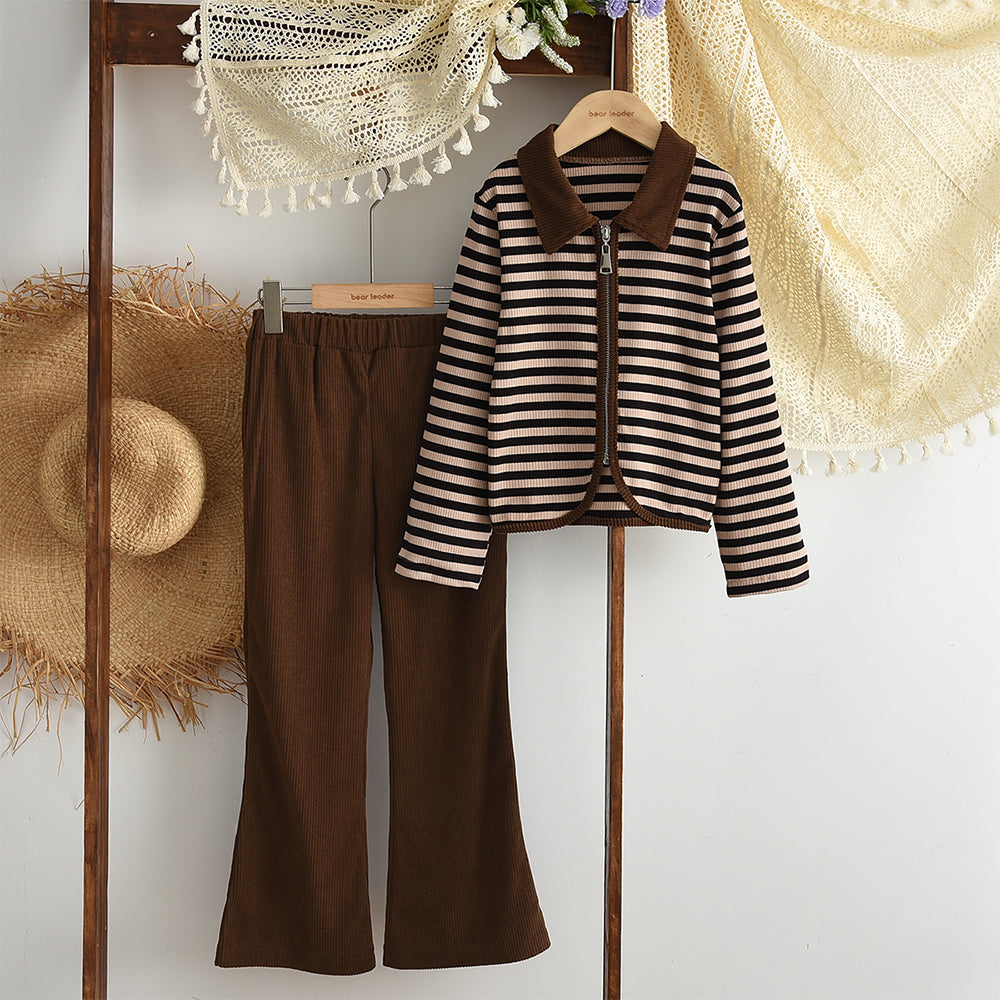 Girls' Classic Stripes Zip Coat+Flared Trousers Teen Set