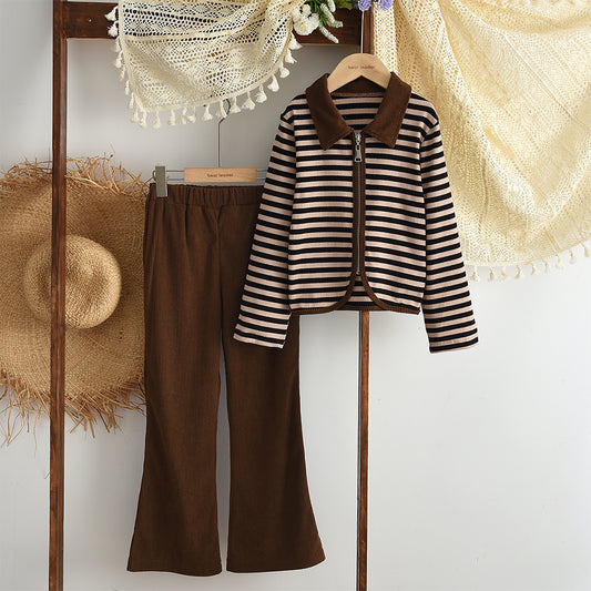 Girls' Classic Stripes Zip Coat+Flared Trousers Teen Set